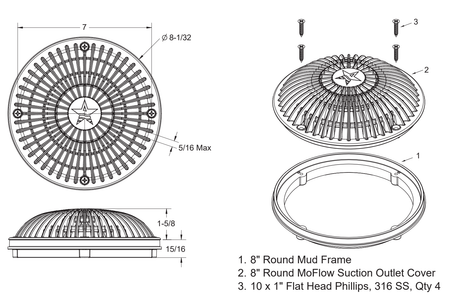 AquaStar 8MF cover and mud frame specification diagram with 7-inch mounting centers and included four #10 × 1-inch stainless steel screws; finish not shown