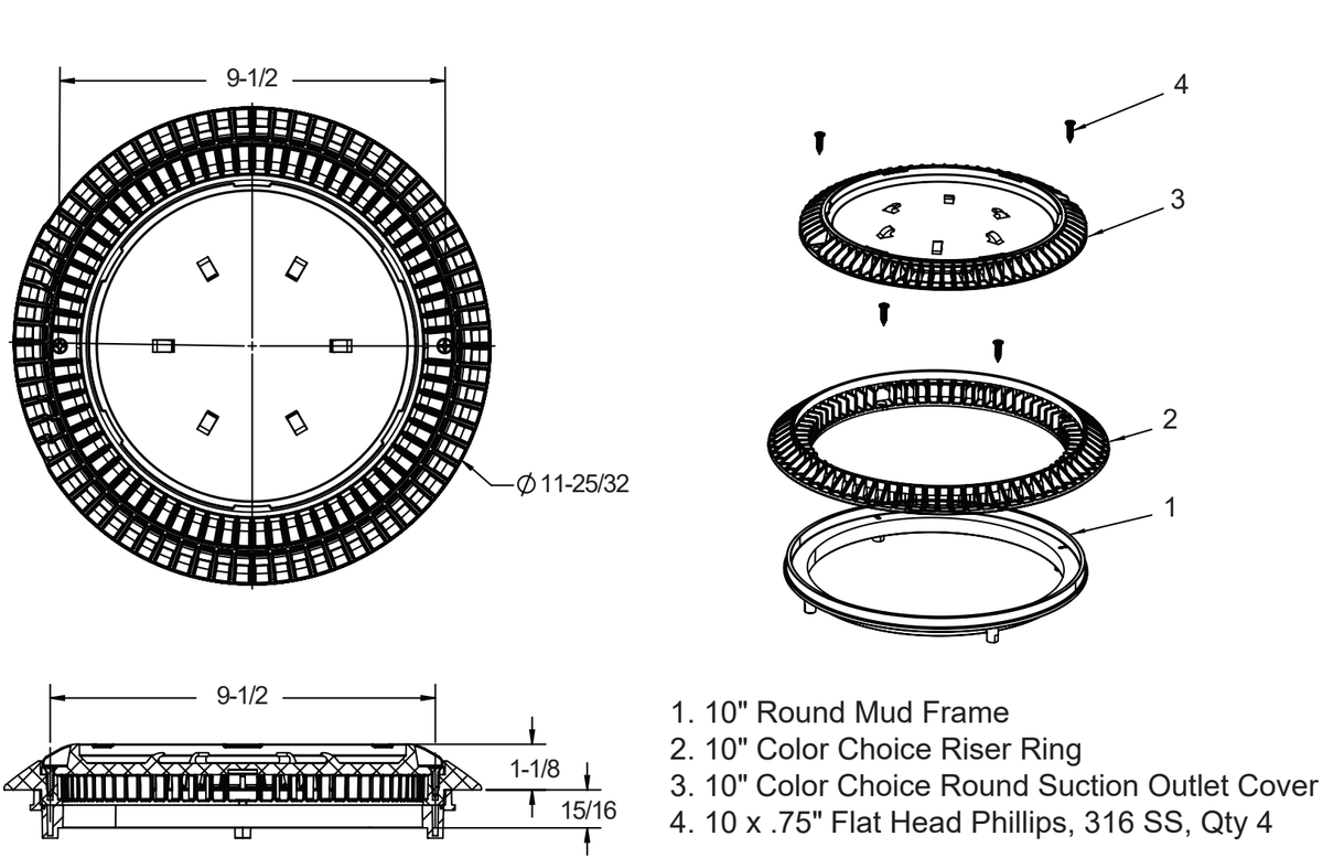 AquaStar CC10103 Color Choice cover, riser ring, mud frame and four screws; 11-25/32-inch outer diameter and 9½-inch mounting centers; finish not shown