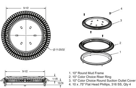 AquaStar CC10103 Color Choice cover, riser ring, mud frame and four screws; 11-25/32-inch outer diameter and 9½-inch mounting centers; finish not shown