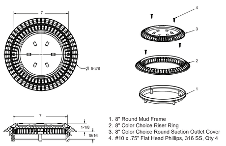 AquaStar CC8103 Color Choice cover, riser ring, mud frame and four screws; 9⅜-inch outer diameter and 7-inch mounting centers; finish not shown