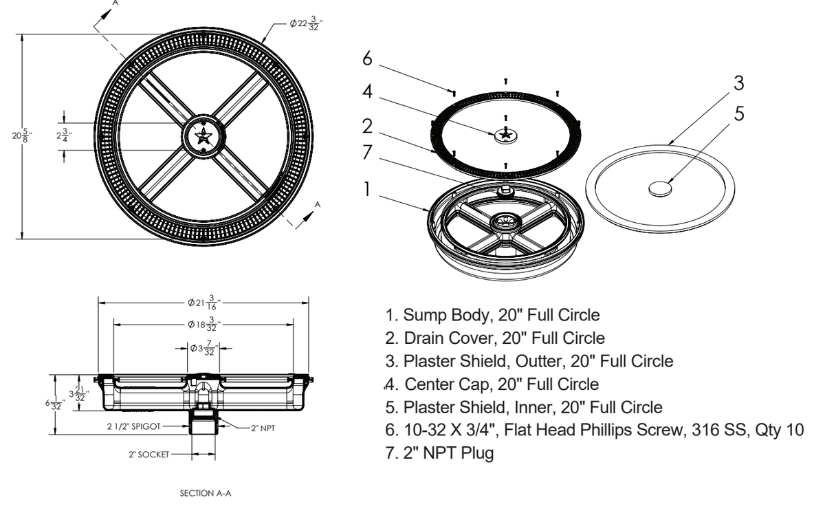 AquaStar FC Full Circle dimension and assembly parts diagram with ten screws, plaster shields and 2-inch NPT plug; finish color not shown
