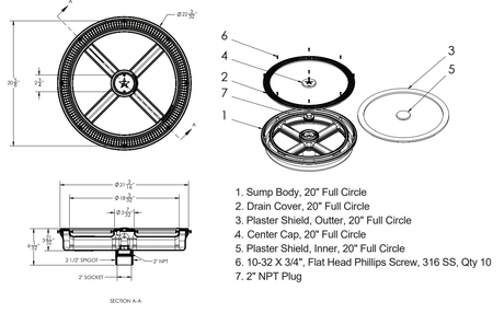 AquaStar FC Full Circle dimension and assembly parts diagram with ten screws, plaster shields and 2-inch NPT plug; finish color not shown