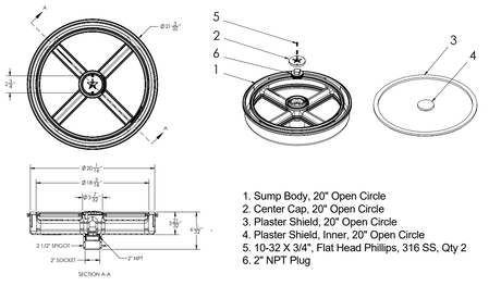 AquaStar OCD Open Circle dimension and parts diagram with center cap, two screws, finishing shields and 2-inch NPT plug; finish color not shown