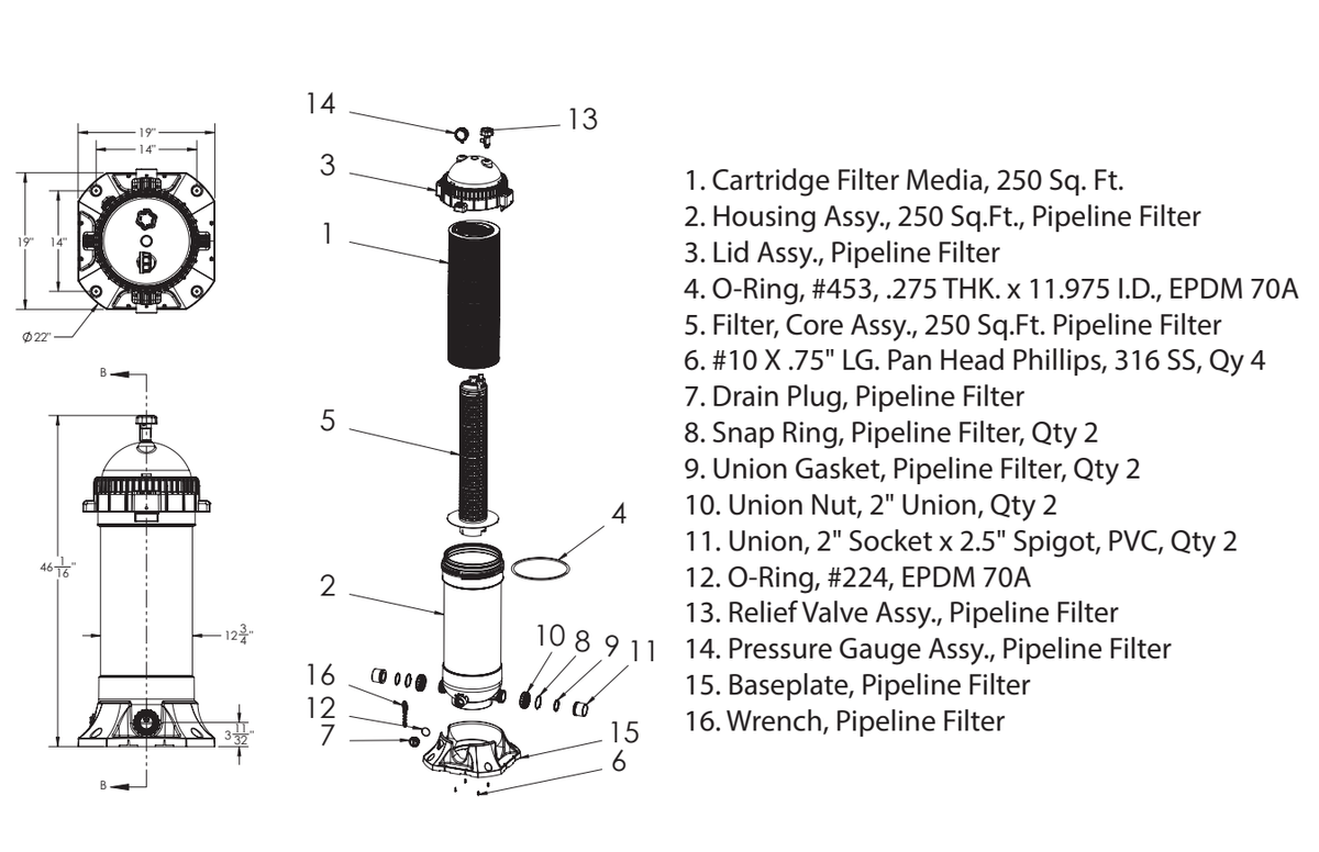 AquaStar selected PLF35000 catalog Pure Pleat component/dimension reference; current OnCore revision differences stated in listing
