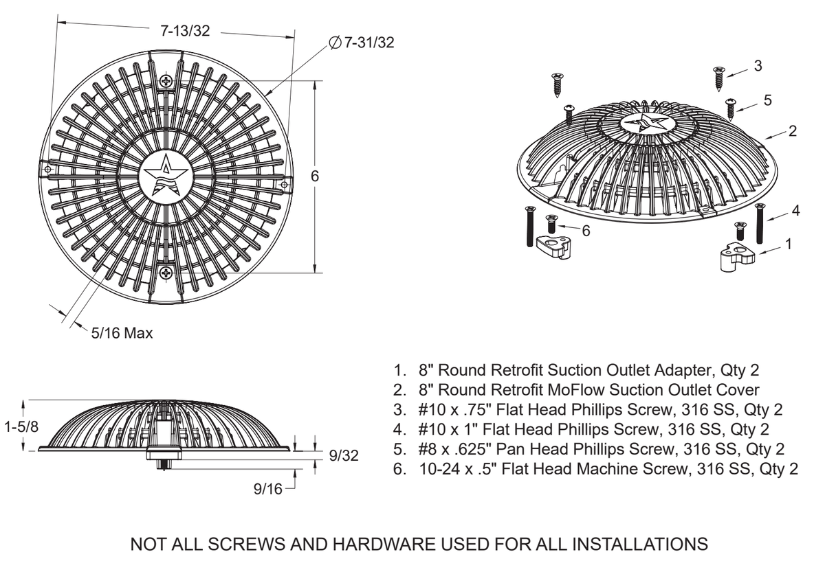 AquaStar R8MF101 retrofit cover, two adapters and four screw pairs; specified off-standard mounting patterns and profile dimensions; no mud frame