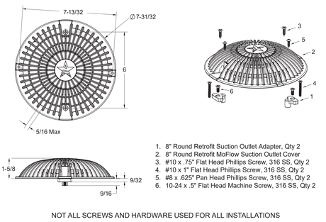 AquaStar R8MF101 retrofit cover, two adapters and four screw pairs; specified off-standard mounting patterns and profile dimensions; no mud frame