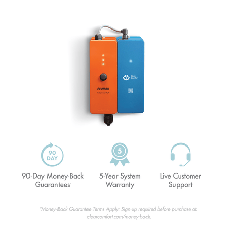 Clear Comfort CCW100 water treatment system with orange and blue installation kit, showing 90-day money-back guarantee, 5-year warranty, and live customer support icons