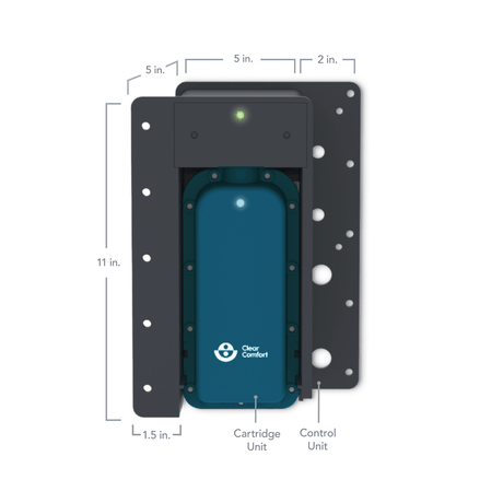 Clear Comfort CCW25 control and cartridge unit dimensions diagram with labeled mounting measurements