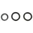 Three black O-rings displayed on a white background.