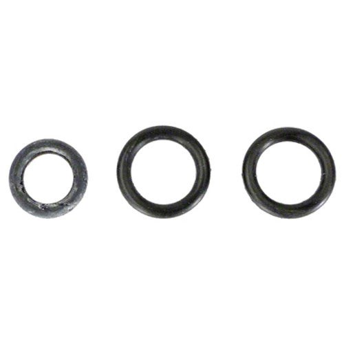 Three black O-rings displayed on a white background.