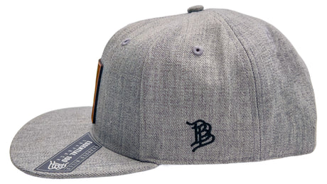 Heather grey Branded Bills snapback hat with black logo embroidery and flat brim