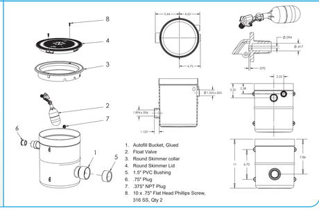 AquaStar AFB standard autofill manufacturer numbered components and dimensional reference; exact supplied top selection is stated in the listing
