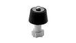 A small hardware component featuring a black textured top cap with a silver metal dome, mounted on a white plastic base, isolated on a white background.