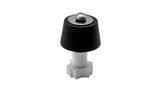 A small hardware component featuring a black textured top cap with a silver metal dome, mounted on a white plastic base, isolated on a white background.