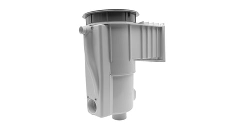 Gray QuikSkim Venturi pool skimmer with white foam cover attachment, side view