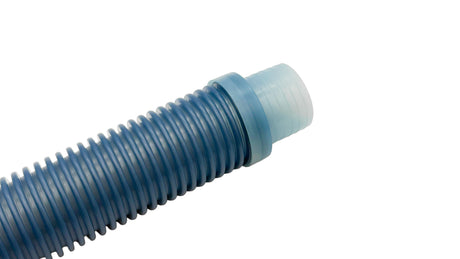 Blue ribbed pool vacuum hose with light blue connector end