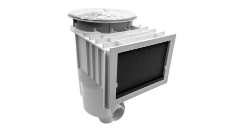 Pentair QuikSkim pool skimmer assembly with Protecta Foam insert, shown in white and gray.