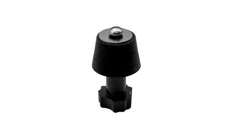 A small black plastic cap or knob with a hexagonal base and a small clear dome on top, isolated on a white background.