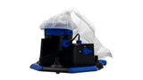A black and blue vacuum cleaner with a clear plastic bag attached to the top, shown against a solid white background.