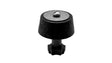 A black plastic camera tripod mounting knob with a silver metal thumb stud on top, isolated on a white background.