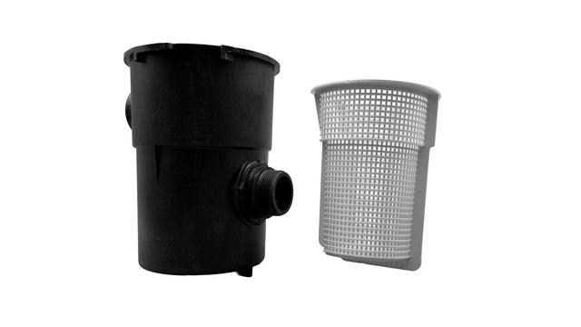 Hayward PowerFlo LX pump strainer housing with basket, shown in black with white mesh basket.