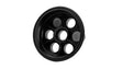 Black four-port water valve base with circular opening pattern and central hub.