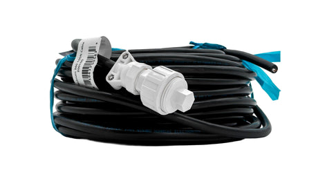 Coiled black 100-foot spa light cord with white connector and blue ties