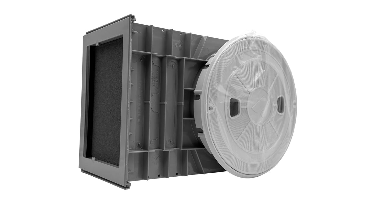 Gray QuikSkim complete skimmer assembly with white ring lid and black Protecta foam
