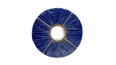 Rolled blue fiber-reinforced backwash hose wrapped in plastic packaging
