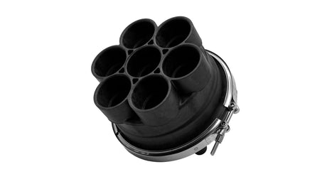 Black 6-port water valve with metal clamp ring on a white background