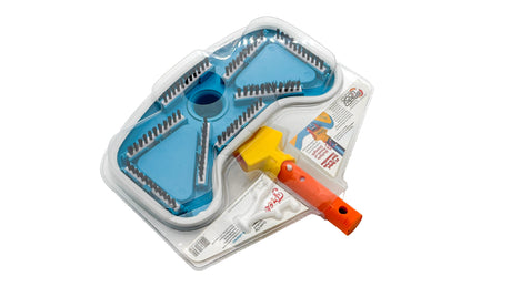 Kidney-shaped pool vacuum brush head with orange handle in clear packaging