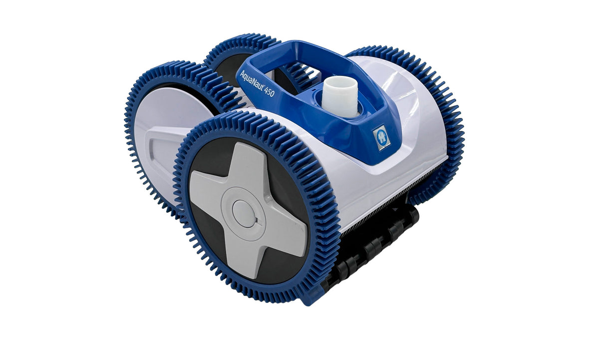 Hayward AquaNaut 400 suction-side pool cleaner with blue and white wheels on a white background