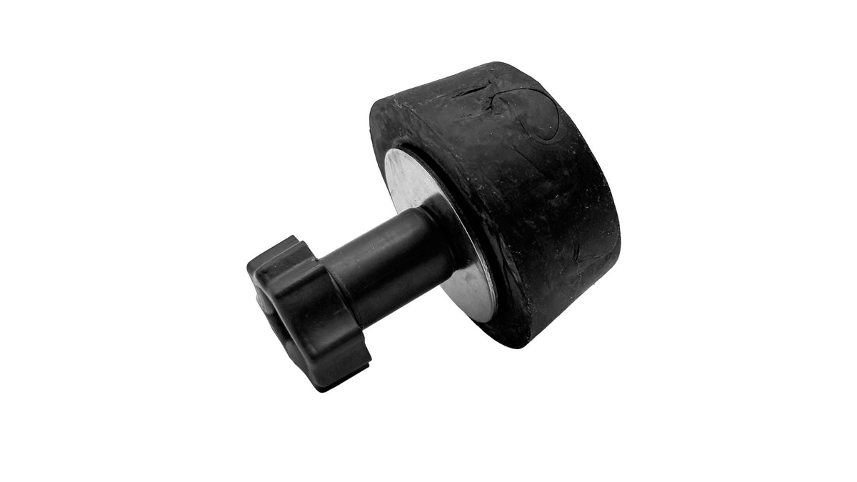 A black rubber roller with a black plastic sleeve and a silver metal core, isolated on a white background.