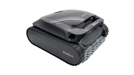 Beatbot robotic pool cleaner with black tracked treads on a white background
