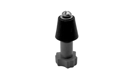 A close-up of a black and gray plastic hardware component with a silver metal screw on top, isolated on a white background.