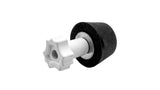 A close-up of a white plastic hexagonal knob or connector attached to a black rubber grommet sleeve on a white background.