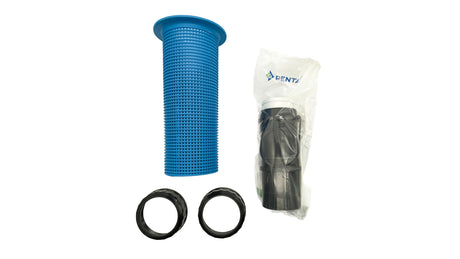 Pentair LeafVac debris removal canister with blue strainer basket, black adapter parts, and retaining rings