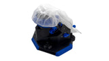 A black and blue mechanical device with a translucent white plastic bag or cover draped over the top, shown on a plain white background.