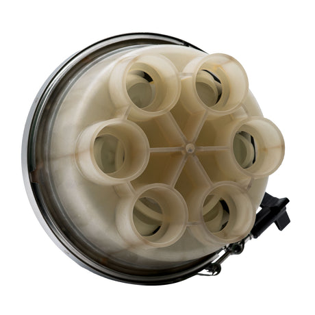 Top-feed 6-port pool actuator valve with QuikStop connection, rear view