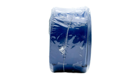 Coiled blue 2-inch drain hose wrapped in plastic packaging