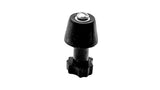 A black plastic or rubber mounting knob with a silver metal cap on top, isolated on a white background.