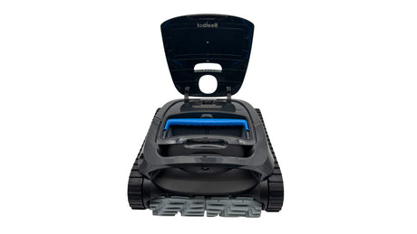 Beatbot A100 robotic pool cleaner with top lid open, front view on white background