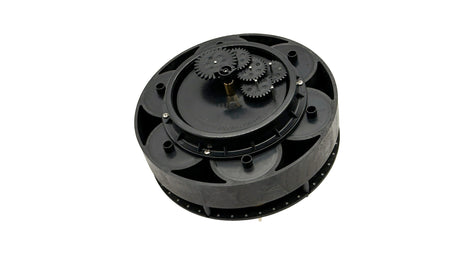 Black 6-port water valve with exposed gear mechanism and circular housing