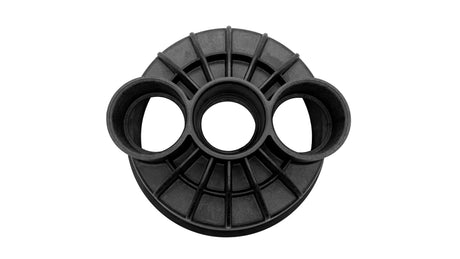 Black Paramount 2-port 2-inch water valve base with three circular openings and ribbed backing