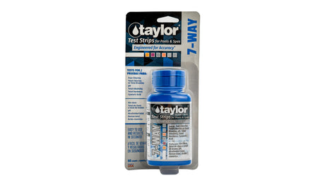 Taylor 7-Way Pool & Spa Test Strips 50-count bottle in blister packaging