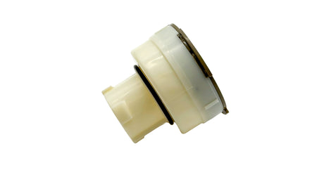 White plastic in-floor cleaning head large nozzle pressure test plug with black O-rings, shown on a white background