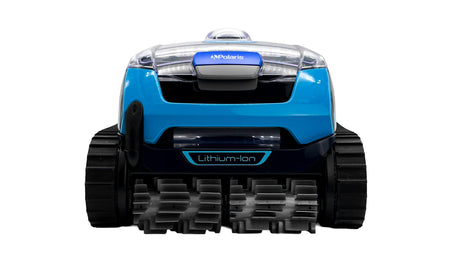 Polaris FREEDOM cordless robotic pool cleaner with tracked wheels and front brushes on white background