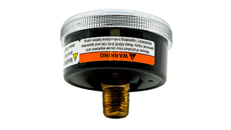Caretaker 60 PSI pressure gauge with brass threaded connection and warning label on black housing