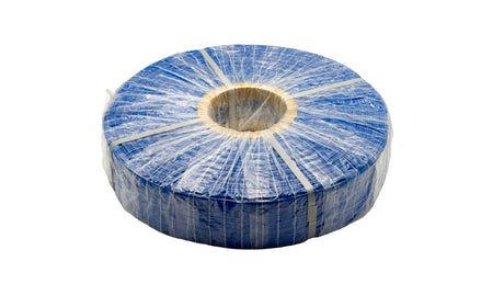 Coiled blue woven backwash hose roll wrapped in plastic packaging