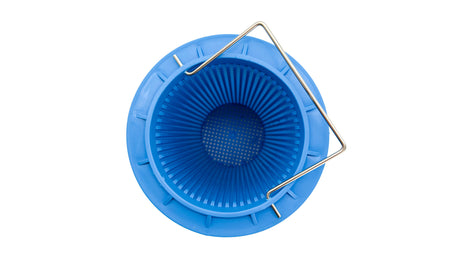 Blue plastic leaf vacuum debris basket with metal handle